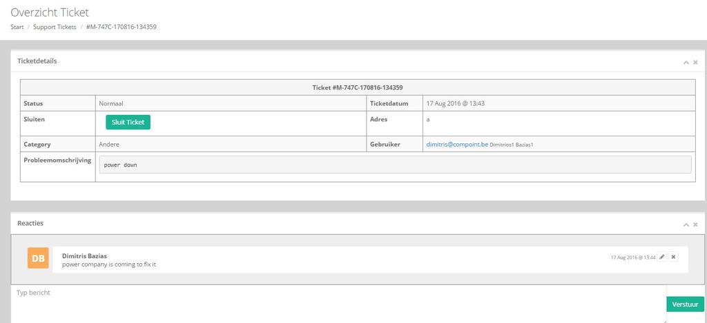 Wanneer u het ticket zelf aanklikt komt u op volgende pagina terecht: Ticket details: Hier hebben we volgende onderverdeling: - Status : bij de status kan je zelf kiezen of dit een zeer dringend of