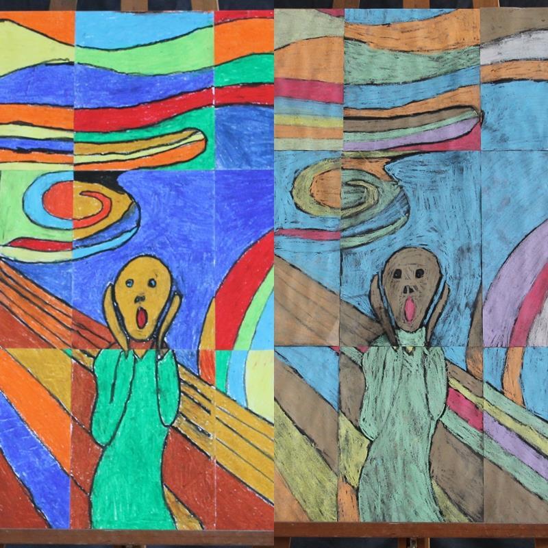 Titel : De Wascoschreeuw (n 1/2 ) en De Krijtschreeuw (n 2/2 ) Gemaakt naar Edvard Munch De kunststroom is moderne kunst.