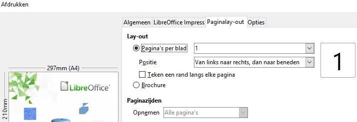 Afbeelding 4: Dialoogvenster Afdrukken - tabblad LibreOffice Impress Paginalay-out Op het tabblad Paginalay-out van het dialoogvenster Afdrukken (Afbeelding 5), kunt u selecteren op welke wijze uw