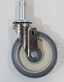 5MDBA Zwenkwiel ø127 mm Metalen gaffel zwenkwiel met rond kunststof loopvlak en voetbediende rem. Per stuk geleverd, inclusief stootbumper.