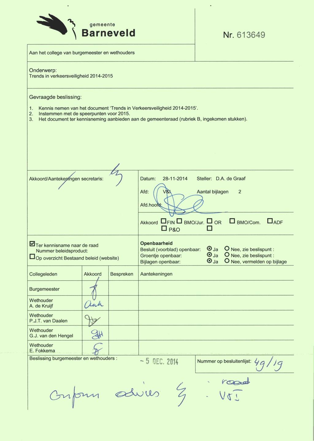 gemeente Barneveld Nr. 613649 Aan het college van burgemeester en wethouders Onderwerp: Trends in verkeersveiligheid 2014-2015 Gevraagde beslissing: 1.