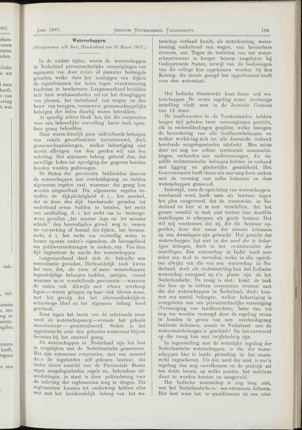 jjuni 1907. INDISCH BOUWKUNDIG TIJDSCHRIFT, 100 Waterschappen. (Overgenomen ujh Soer. Handelsblad van 28 Maart 1907.
