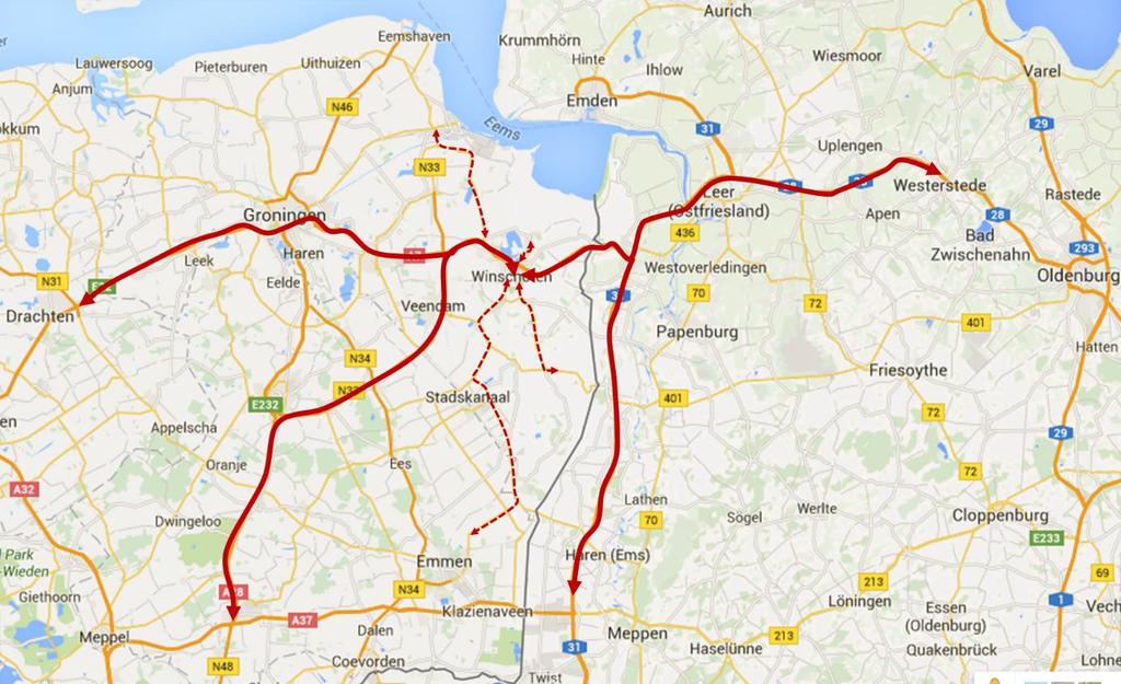 Als je dit vertaald naar percentages zal 95% van het verkeer via de A7 naar Winschoten toe rijden en slechts een beperkt aandeel vanuit het gebied ten zuiden en noorden van Winschoten.