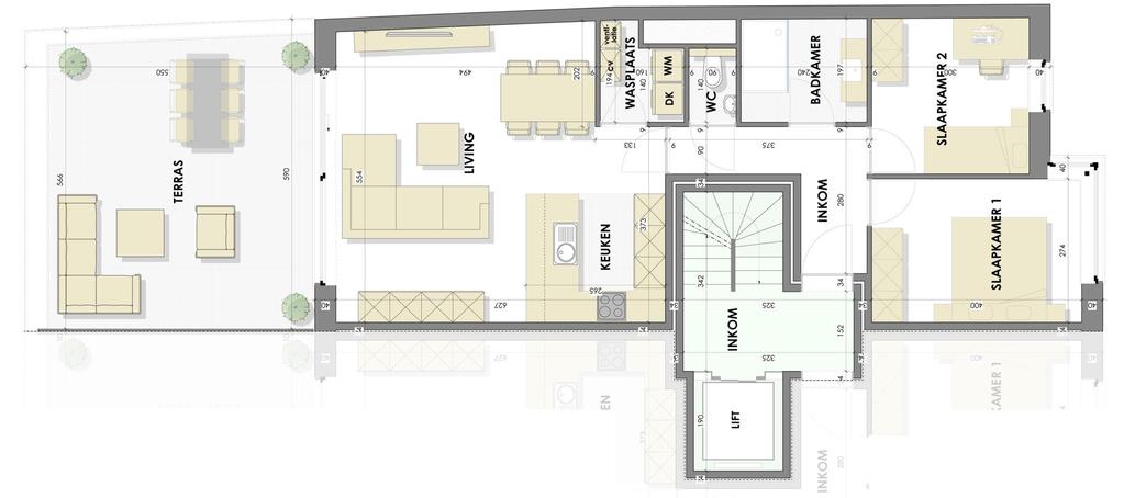 Appartement 04 Indeling: Traphal met rolstoeltoegankelijke lift Inkomhal Living met open keuken Keuken in U-vormige opstelling budget 8.000 incl.