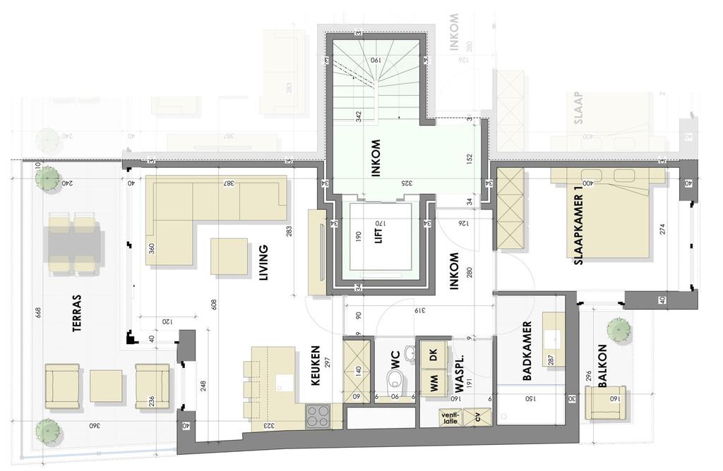 Appartement 05 Deze woongelegenheid bevindt zich links op de tweede verdieping. Het heeft een oppervlakte van 60 m², de overloop, trap en lift niet meegerekend.