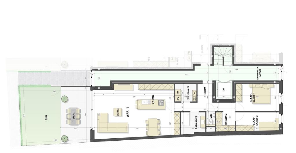 Appartement 01 Deze woongelegenheid bevindt zich links op het gelijkvloers. Het heeft een oppervlakte van 102 m², de gemeenschappelijke inkom en lift niet meegerekend.