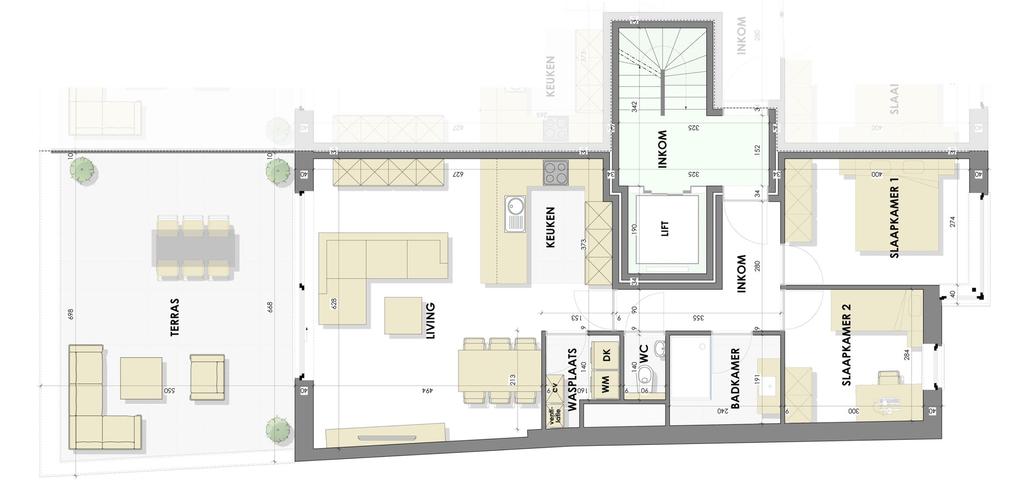 Appartement 03 Indeling: Traphal met rolstoeltoegankelijke lift Inkomhal Living met open keuken Keuken in U-vormige