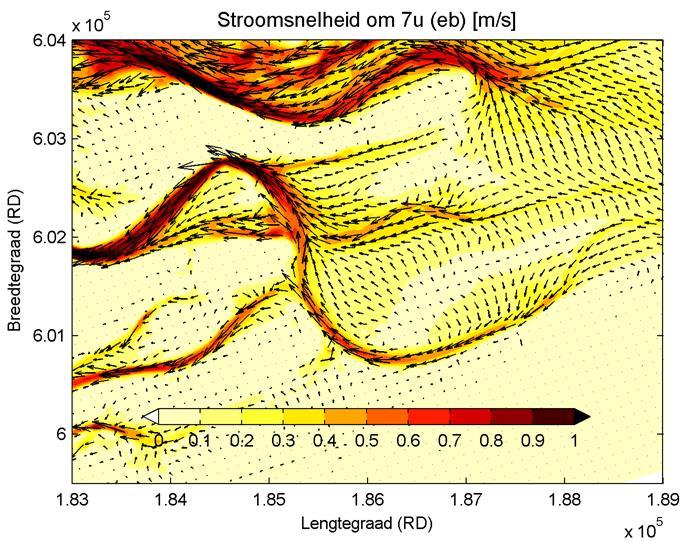 Figuur 6.3 Variant REF: stromingspatroon op de piek van de ebstroom Stromingspatroon: vloed Opvallende kenmerken zijn dat de vloedgeul en omgeving relatief hoge stroomsnelheden laat zien (Figuur 6.4).