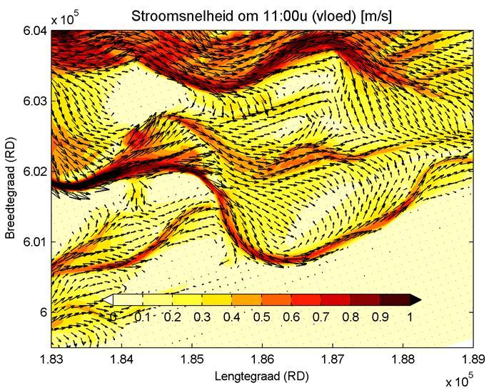 Stromingspatroon: vloed Ook bij vloedstroom is het afgenomen belang van de ebgeul duidelijk zichtbaar (Figuur 6.9). Uitwaaiering van de stroming over de platen is niet veel verminderd.