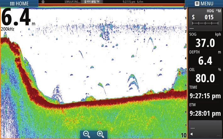 Echolood Zoom de afbeelding in of uit door op de zoomknoppen te tikken. Bekijk echolood-beeldgeschiedenis door het beeld te schuiven.