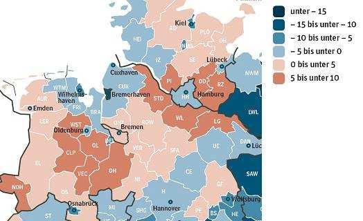 Bevolkingsprognose Noord-Nederland per gemeente (2010-2025) Bron: CBS In Duitsland als geheel is de bevolkingskrimp veel sterker dan in Nederland; de fertiliteit (het gemiddeld aantal kinderen per