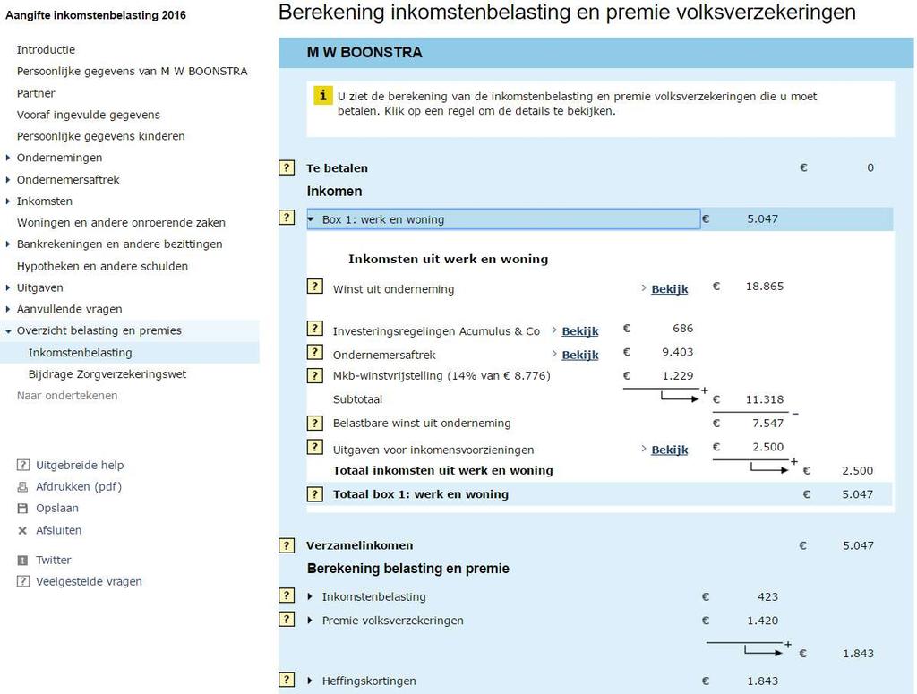 Klik op een pijltje bijvoorbeeld voor Box 1: werk en woning om de toelichting voor de berekening uit