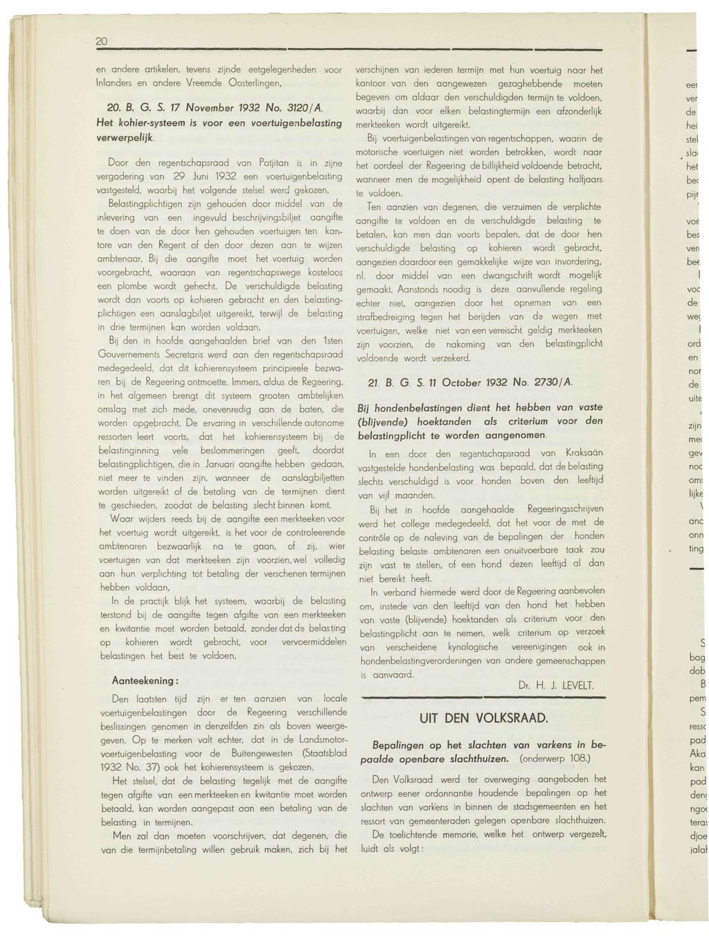 20 en andere artikelen, tevens zijnde eetgelegenheden voor Inlanders en andere Vreemde Oosterlingen, 20. B. G. S. U November 1932 No.