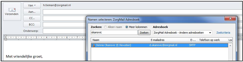 7.3 Adresboek Als u een e-mail wilt sturen naar een andere ZorgMail gebruiker dan kunt gebruik maken van het ZorgMail Adresboek (zie hoofdstuk 5 voor het instellen van het adresboek).