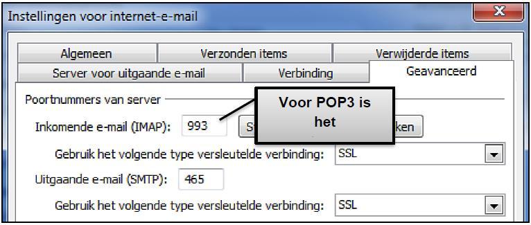 Vul bij het veld Inkomende e-mail (IMAP) poortnummer 993 in. Wanneer u gebruik maakt van het POP3 protocol dan is het poortnummer 995.