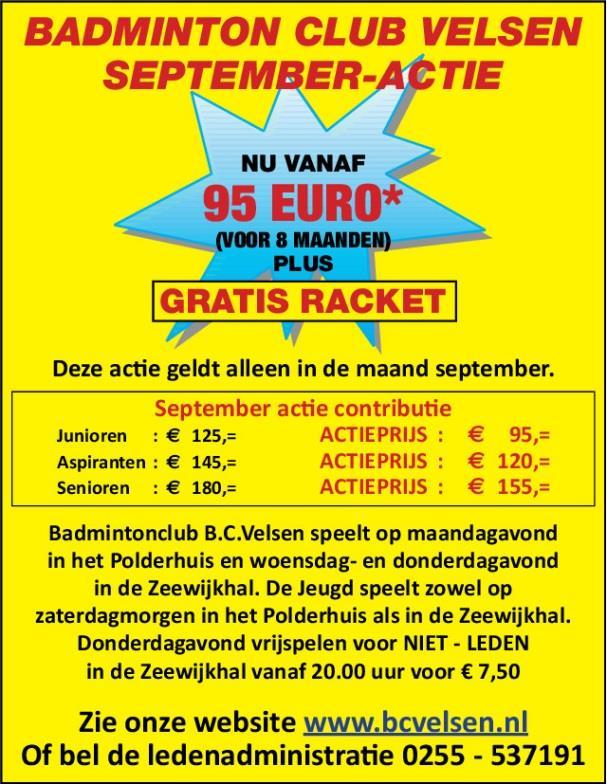 Grote Clubactie Koop loten via BC Velsen! Op zaterdag 13 september start de Grote Clubactie. Onze vereniging gaat ook loten verkopen. De opbrengst van deze actie wordt aan onze jeugdspelers besteed.