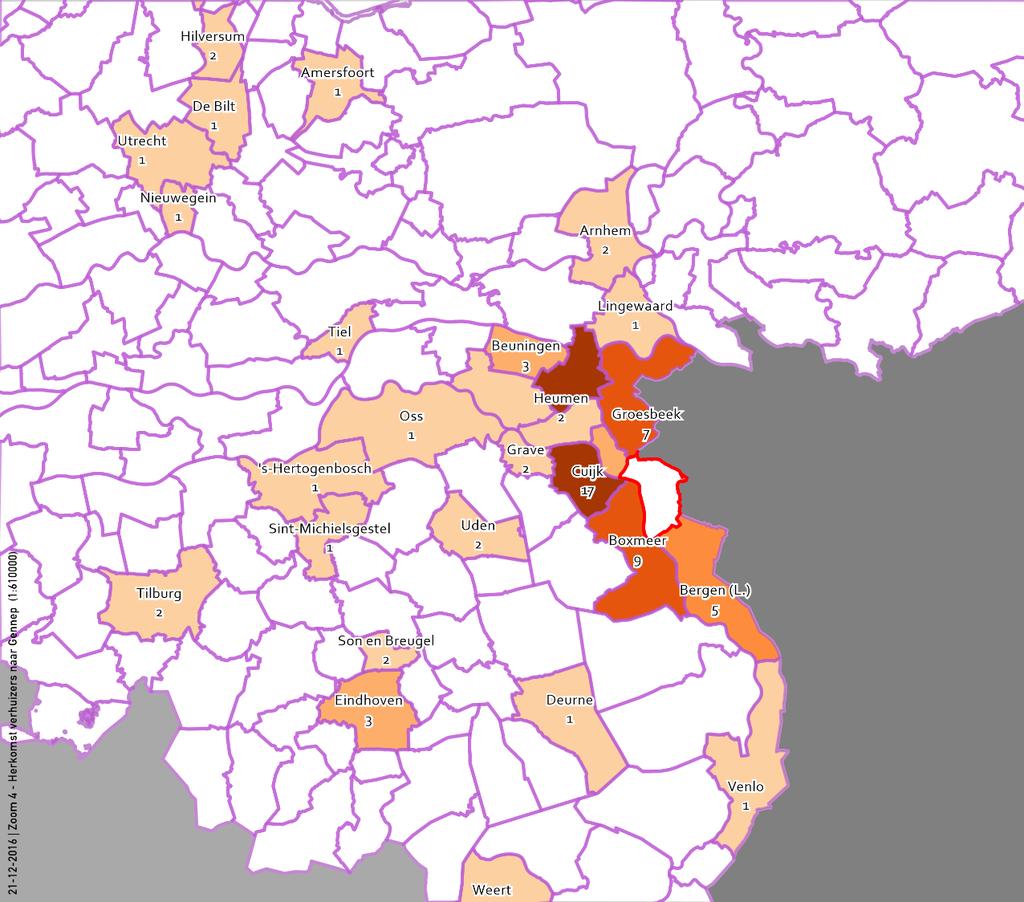 2. Verhuispatroon Gennep en Noord-Limburg De herkomst van de verhuizers naar Gennep in PMC 1 t/m PMC 3 ziet er als volgt uit.