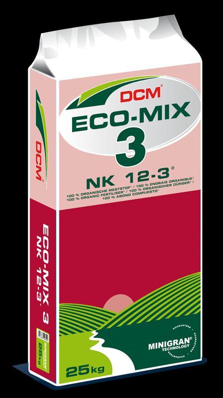 TECHNISCHE FICHE VOOR NEDERLAND DCM ECO-MIX 3 NK 12-3 Eigenschappen organische meststof NK 12-3 stikstofrijke (bij)bemesting met snel groei-effect en lange nawerking voor diverse toepassingen: o o o