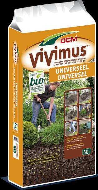 DCM VIVIMUS UNIVERSEEL Samenstelling GEMENGD ORGANISCH BODEMVERBETEREND MIDDEL RIJK AAN ORGANISCHE STOF op basis van: tuinturf, gecomposteerde naaldhoutschors, druivenpittenkoek, gedroogde kippenmest