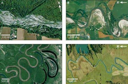 Figuur 1 voorbeelden van de verschillende rivierpatronen. A: een vlechtende rivier (de Drôme, Frankrijk). B: een meanderende rivier (de Allier, Frankrijk) met chutes, gemarkeerd met een c.