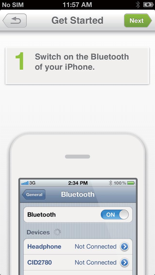 Opmerking Controleer voor installatie of Bluetooth is ingeschakeld op uw iphone 4S/iPhone 5/nieuwe ipad en of de voedingsindicator op het InRange-apparaat afwisselend rood