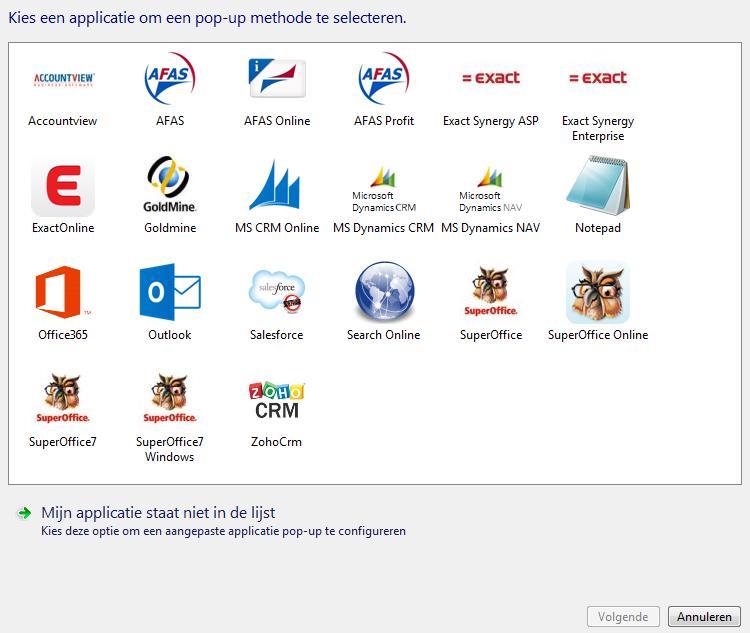 Figuur 6 Kies een applicatie om een pop-up methode te selecteren Figuur 7 Salesforce is één van de applicaties die