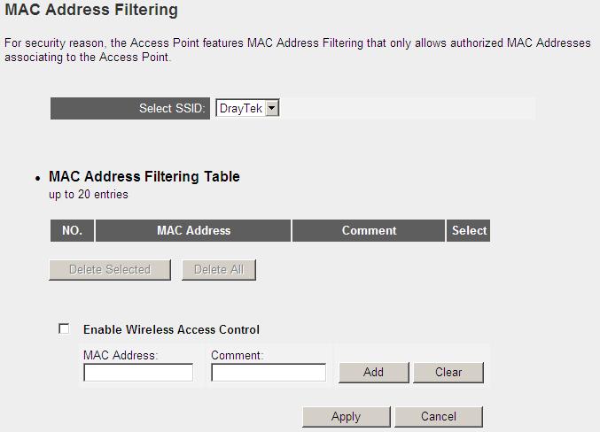 MAC Filtering configureren. Bij gebruik van MAC Address Filtering kunt u maximaal 20 MAC adressen opgeven die toegang krijgen tot het Draadloos netwerk van de AP700.