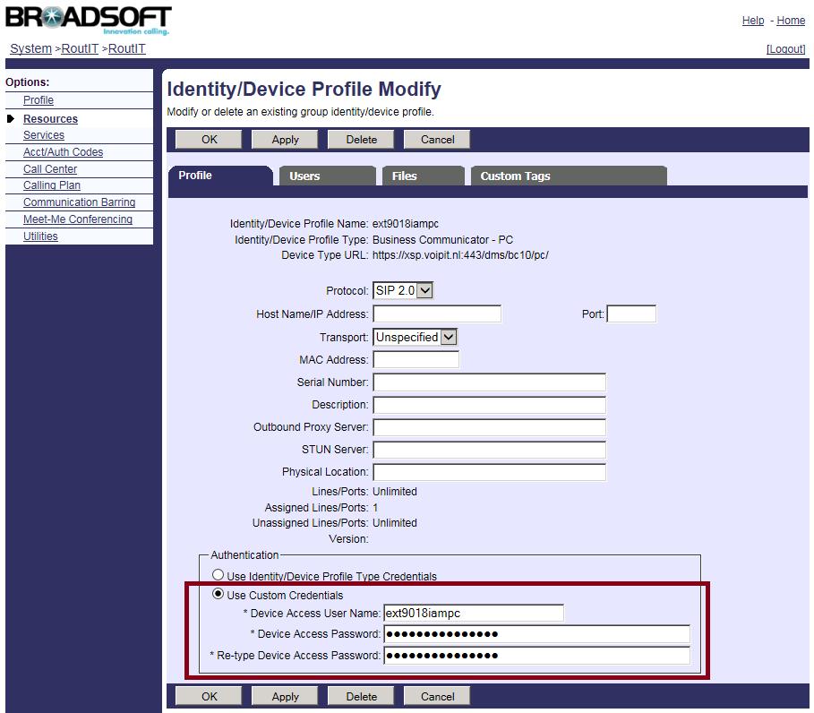 Selecteer Use Custom Credentials Voer een unieke Device Access User Name in Voer een uniek Device Access Password in (dit password wordt binnen de automatische provisioning gebruikt door het systeem