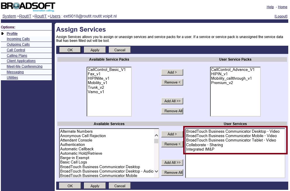 Voeg de services toe aan de User waarvoor I AM geconfigureerd dient te worden o BroadTouch Business Communicator Desktop Video o BroadTouch Business Communicator Mobile Video (optioneel) o BroadTouch