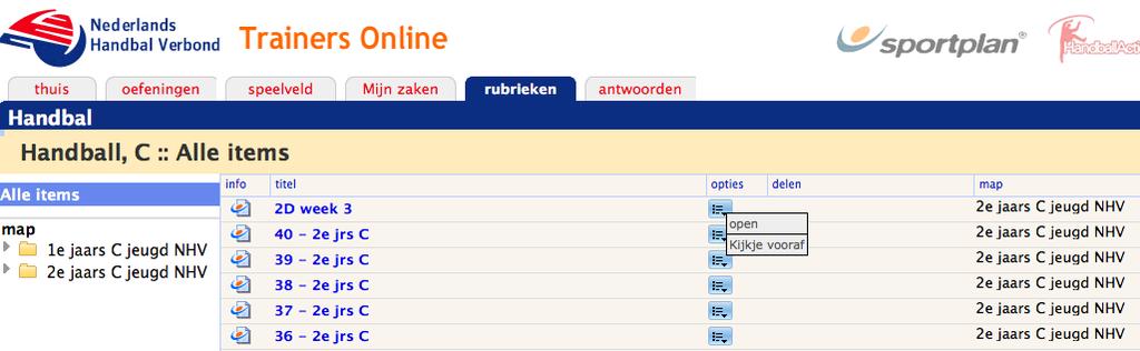 Door de training te openen krijgt u weer de mogelijkheden die even eerder genoemd staan : delen, bewerken etc