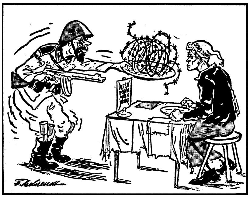 Opdracht 36 (v 2015, 25-57) Op 14 augustus 1961 verschijnt deze prent van Behrendt in een Nederlandse krant: Onderschrift "Maar prikkeldraad kun je volop krijgen.