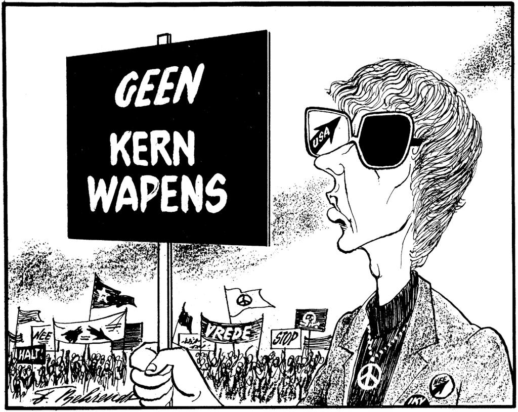 Opdracht 53 Opdracht h 2016, 1,25 (p-waarde=06) Naar aanleiding van de Nederlandse demonstraties tegen kernwapens in 1981 maakt Frits Behrendt deze prent voor Het Parool: Toelichting: Op de bril van