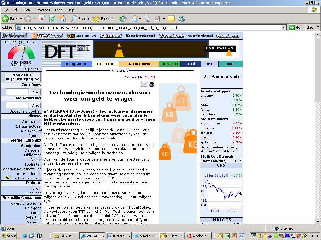 Technologie ondernemers durven weer om geld te vragen (Technology entrepeneurs dare to ask for money again.) De Financiele Telegraaf.