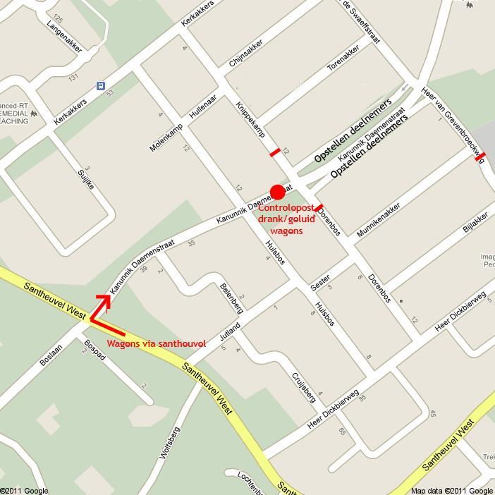 Opstellen en start optocht: Opstellen aan de Daemenstraat te Mierlo. Wagens dienen via de Santheuvel de Kannunik Daemenstraat in te rijden (zie kaartje).