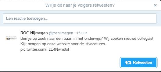 Je kunt hier ook zelf eerst nog een reactie toevoegen: Druk op Retweeten en je volgers ontvangen het bericht ook in hun tijdslijn!