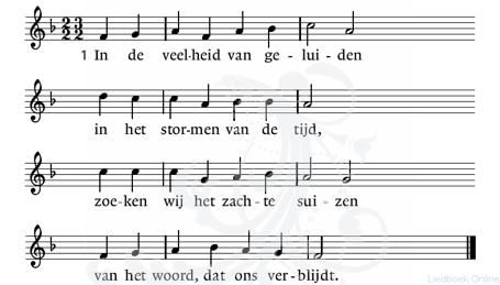 !. openingslied lied 283 In de veelheid van geluiden tekst, Sytze de Vries mel, 1740 2 En van overal gekomen, drinkend uit de ene bron, bidden wij om nieuwe dromen, richten wij ons naar de zo 3 Want
