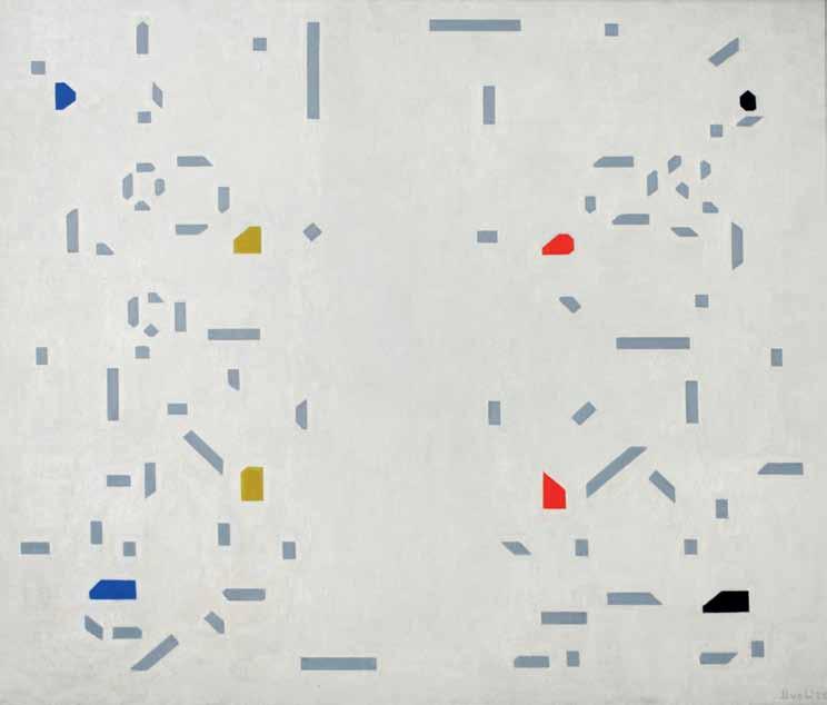 een helder witte achtergrond plaatst om de compositie zo open mogelijk te houden, begint Mondriaan zijn kleurvlakken al snel met lijnen te verbinden. Dit vindt Van der Leck ontoelaatbaar.