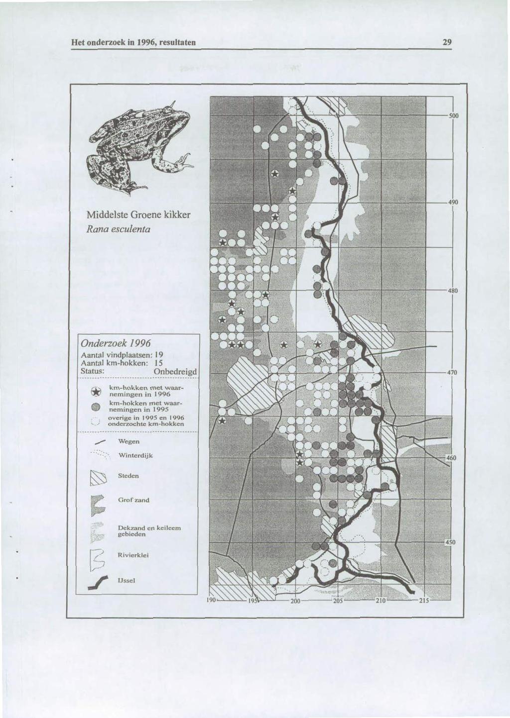 Het onderzoek in 996, resultaten 29 S 7 Middelste Groene kikker Rana esculenta. 49 / 48 Onderzoek 996 \ * Aantal vindplaatsen: 9....... Aantal kmhokken: 5 /... Status: Onbedreigd.