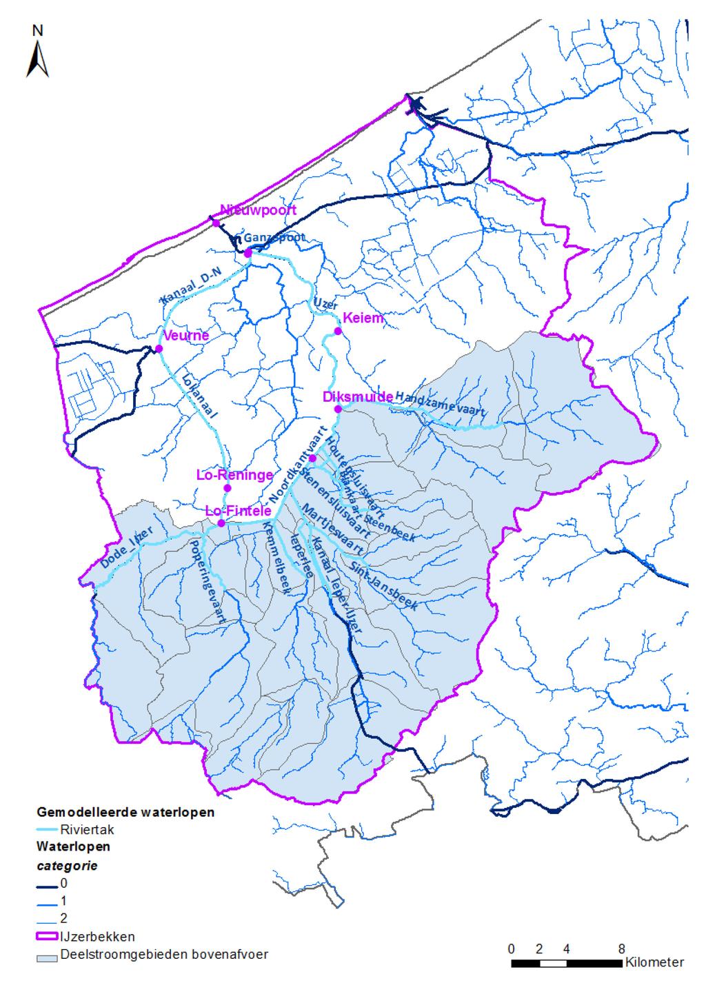 Overstromingsrisicobeheerplannen in Vlaanderen: Figuur 6-33: Het modelgebied van de IJzer (bron: Coen et al., 2013