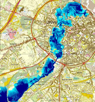 overstromingsgebieden zoals weergegeven in Figuur 4-13. De hydrodynamische modellering wordt uitgevoerd met de MIKE11 software (DHI, 2011).