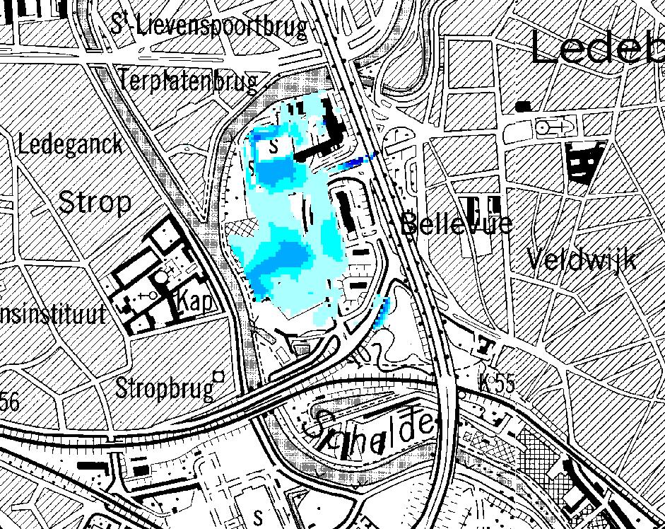 dijk E3-Plein, Gent De bebouwing in de omgeving van het E3-Plein te Gent, weergegeven in Figuur 6-10, wordt bedreigd door overstromen op basis van de gesimuleerde overstromingscontouren met een