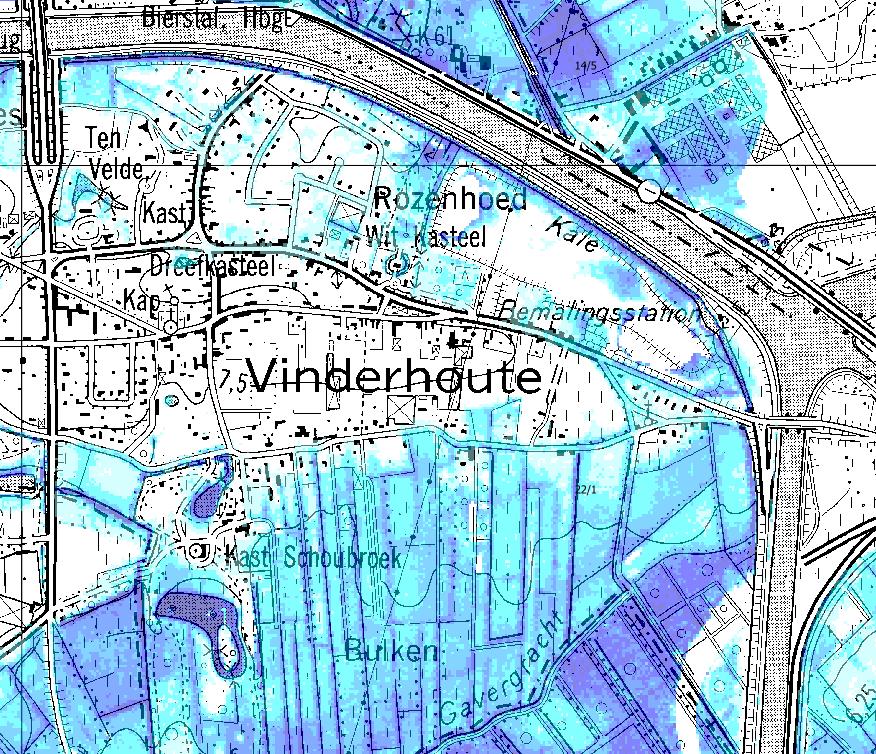 dijk Schouwbroek, Vinderhoute De bebouwing in de omgeving van de Schouwbroekstraat te Vinderhoute, weergegeven in Figuur 6-12, wordt bedreigd door overstromen op basis van de gesimuleerde