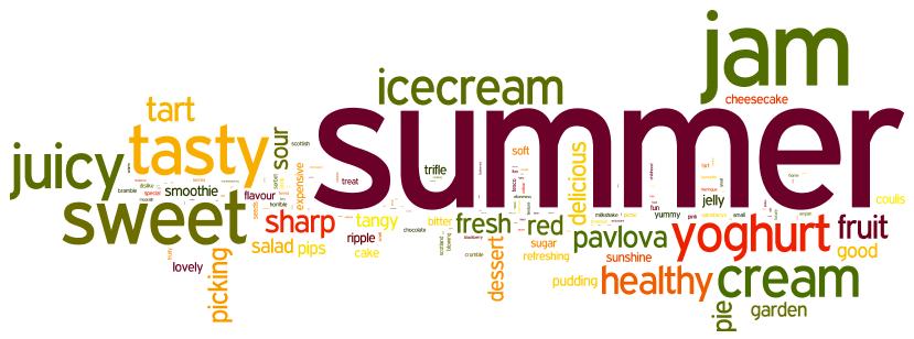 Zoet en lekker worden het meest genoemd, maar ook ijs, gezond, jam, zomer en fruitig worden ook veelvuldig genoemd.