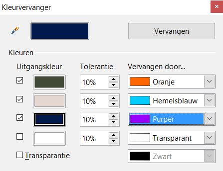 Afbeelding 26: Dialoogvenster Kleurvervanger 4) Beweeg de cursor, in de geselecteerde afbeelding, over de kleur die u wilt vervangen en klik op de kleur om vervangen te worden.