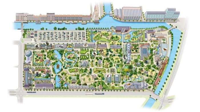 Op de bijgeleverde plattegrond zie je dat de dierentuin twee duidelijke natuurlijke gebieden heeft nagebootst met daarop verschillend diersoorten die ook in het echt bij elkaar leven.