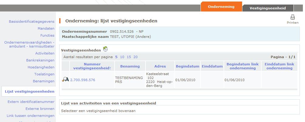 U dient het nummer van de vestigingseenheid te selecteren waarvoor u het adres wenst te corrigeren.