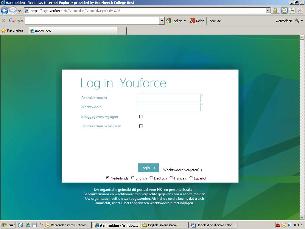 Eerste keer inloggen Stap 1 Start uw computer. Maak verbinding met het internet en ga naar de website login.youforce.com. Het onderstaande scherm verschijnt.