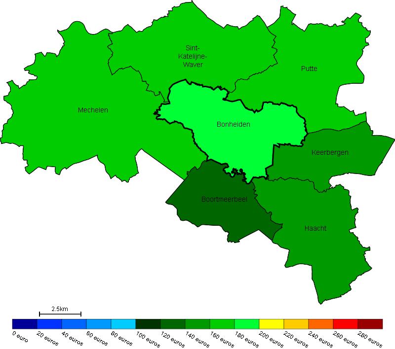 Vastgoed Prijs van bouwgrond in Bonheiden en omgeving Gemiddelde prijs in e/m 2 van bouwgrond in Bonheiden en omgeving Bron : Berekeningen van de ADSEI (FOD Economie) op