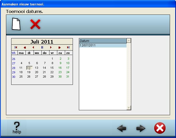 In het volgende scherm kan aangegeven worden op welke datums het toernooi plaats vindt, als het een 1 daags toernooi betreft maakt het systeem standaard de datum aan.