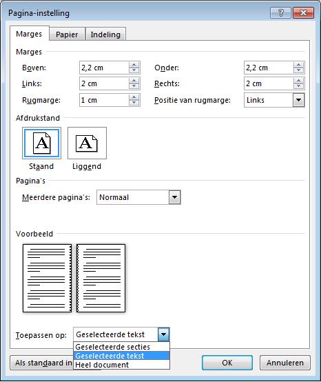 7 Als je de marges voor een deel van een document wilt wijzigen, selecteer je de relevante tekst. Klik in het vak Toepassen op op Geselecteerde tekst.
